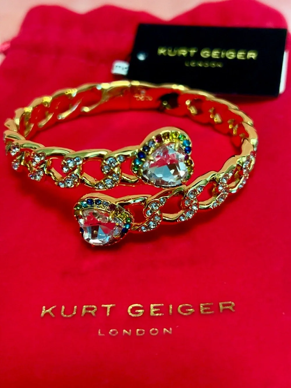 Kurt Geiger Gold Heart Crystal Open Bangle with Multicolor Accents
